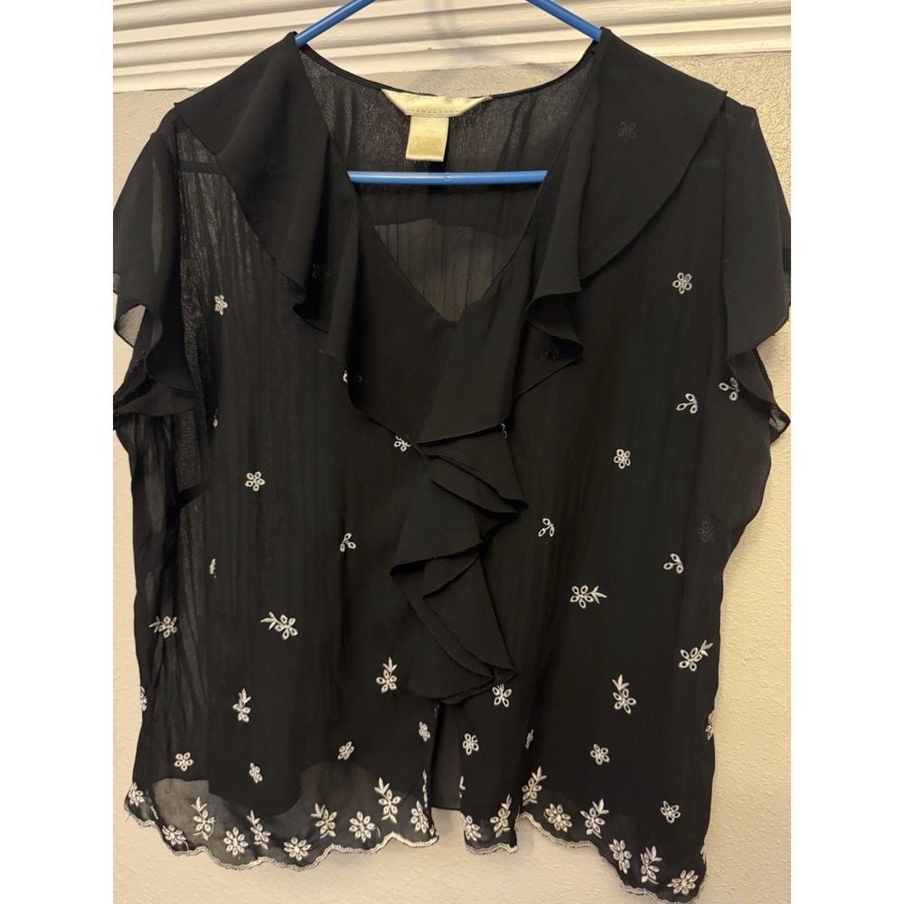 Black Sheer with White flowers Ruffle Lightweight Blouse Size pM